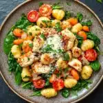 Skillet chicken gnocchi - the image is a close-up of a plate of pasta salad. the plate is made of a light-colored ceramic bowl and is placed on a dark grey textured surface. the pasta salad is made up of spiral-shaped pasta, cherry tomatoes, and spinach leaves. the tomatoes are bright red and appear to be ripe and juicy. the spinach leaves are a vibrant green color and are scattered throughout the salad. on top of the pasta, there is a sprinkle of grated parmesan cheese. the dish is garnished with fresh cilantro leaves.