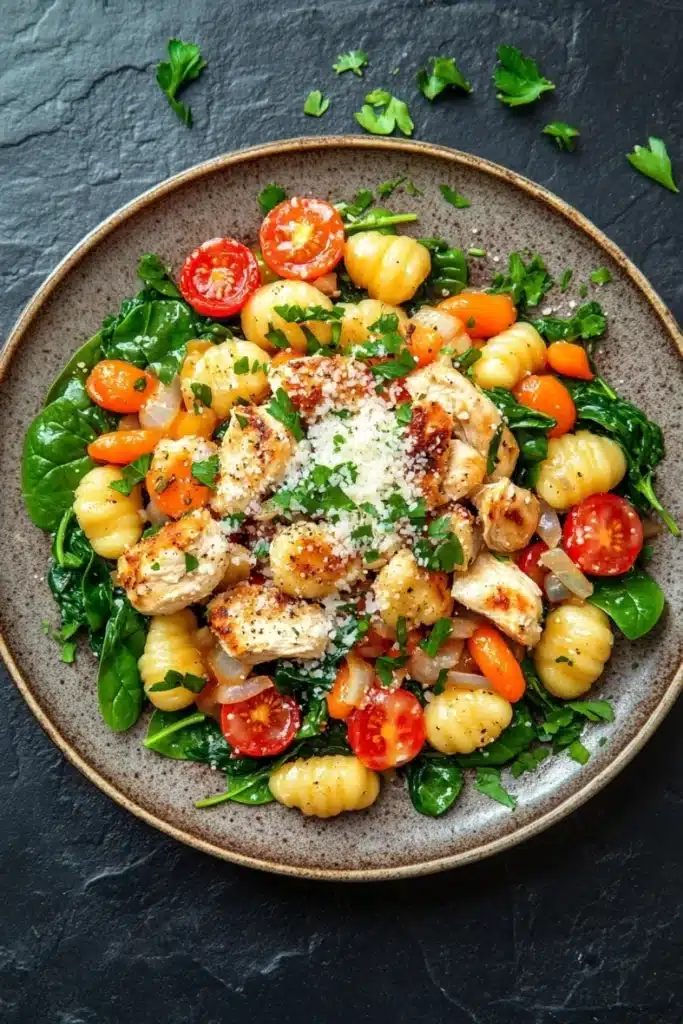 Skillet chicken gnocchi - the image is a close-up of a plate of pasta salad. the plate is made of a light-colored ceramic bowl and is placed on a dark grey textured surface. the pasta salad is made up of spiral-shaped pasta, cherry tomatoes, and spinach leaves. the tomatoes are bright red and appear to be ripe and juicy. the spinach leaves are a vibrant green color and are scattered throughout the salad. on top of the pasta, there is a sprinkle of grated parmesan cheese. the dish is garnished with fresh cilantro leaves.