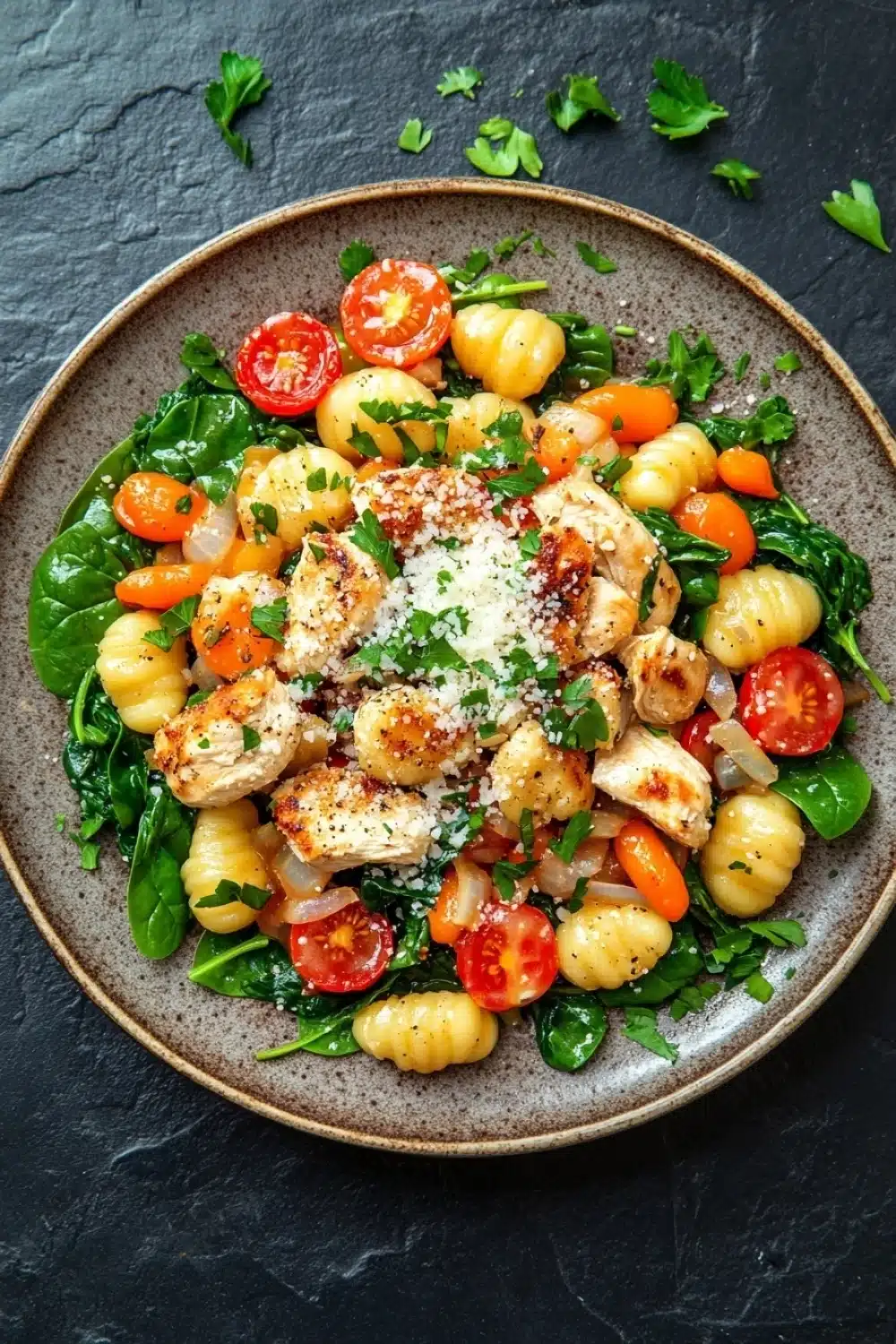 Skillet chicken gnocchi - the image is a close-up of a plate of pasta salad. the plate is made of a light-colored ceramic bowl and is placed on a dark grey textured surface. the pasta salad is made up of spiral-shaped pasta, cherry tomatoes, and spinach leaves. the tomatoes are bright red and appear to be ripe and juicy. the spinach leaves are a vibrant green color and are scattered throughout the salad. on top of the pasta, there is a sprinkle of grated parmesan cheese. the dish is garnished with fresh cilantro leaves.