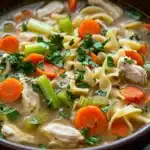 Skillet chicken noodle soup - the image is a close-up of a bowl of chicken noodle soup. the soup is made with noodles, carrots, celery, and chunks of chicken. the broth is a light beige color and appears to be thick and creamy. the bowl is made of dark brown ceramic and is sitting on a dark wooden table. there are a few sprigs of parsley scattered throughout the soup, adding a pop of green color to the dish. the background is blurred, making the soup the focal point of the image.