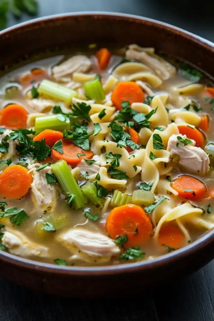 Skillet chicken noodle soup - the image is a close-up of a bowl of chicken noodle soup. the soup is made with noodles, carrots, celery, and chunks of chicken. the broth is a light beige color and appears to be thick and creamy. the bowl is made of dark brown ceramic and is sitting on a dark wooden table. there are a few sprigs of parsley scattered throughout the soup, adding a pop of green color to the dish. the background is blurred, making the soup the focal point of the image.