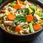 Skillet chicken noodle soup - the image is a close-up of a bowl of chicken noodle soup. the bowl is made of dark brown ceramic and is sitting on a dark grey countertop. the soup is filled with noodles, chunks of chicken, carrots, celery, and green onions. there are also a few sprigs of parsley scattered throughout the soup, adding a pop of green color to the dish. the broth is a light beige color and appears to be thick and creamy. the overall appearance of the soup is fresh and appetizing.