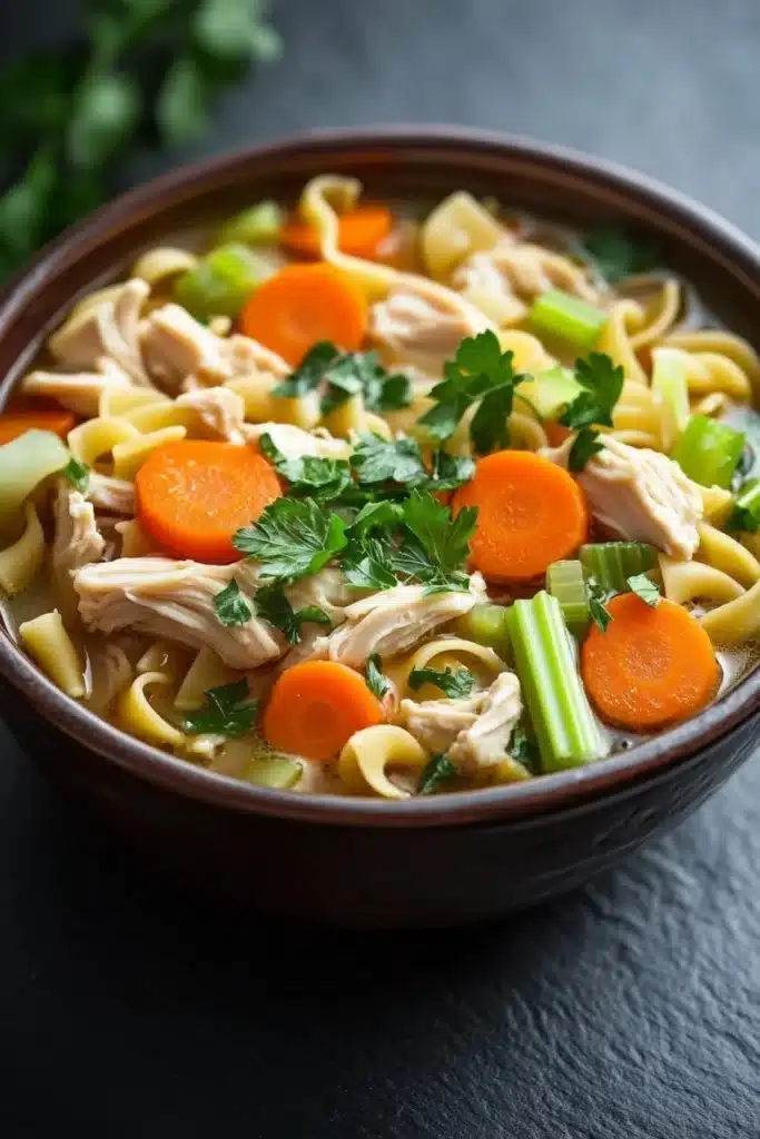 Skillet chicken noodle soup - the image is a close-up of a bowl of chicken noodle soup. the bowl is made of dark brown ceramic and is sitting on a dark grey countertop. the soup is filled with noodles, chunks of chicken, carrots, celery, and green onions. there are also a few sprigs of parsley scattered throughout the soup, adding a pop of green color to the dish. the broth is a light beige color and appears to be thick and creamy. the overall appearance of the soup is fresh and appetizing.