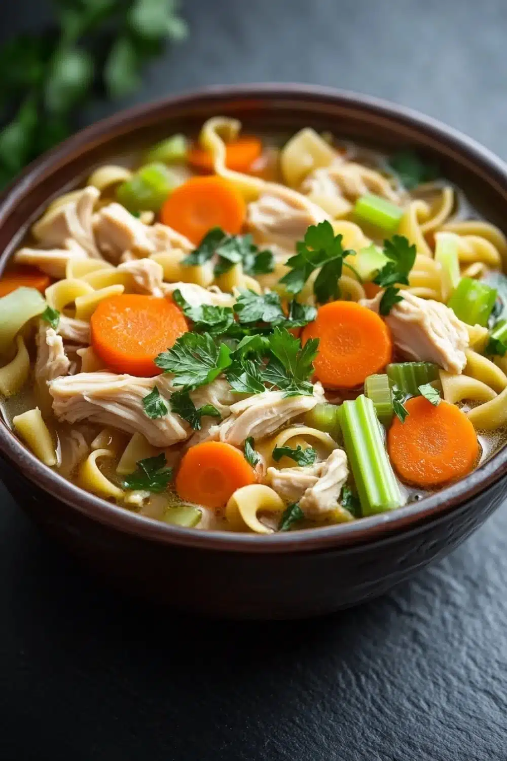 Skillet chicken noodle soup - the image is a close-up of a bowl of chicken noodle soup. the bowl is made of dark brown ceramic and is sitting on a dark grey countertop. the soup is filled with noodles, chunks of chicken, carrots, celery, and green onions. there are also a few sprigs of parsley scattered throughout the soup, adding a pop of green color to the dish. the broth is a light beige color and appears to be thick and creamy. the overall appearance of the soup is fresh and appetizing.