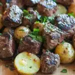 Skillet garlic steak bites and potatoes - the image shows a close-up of a dish of grilled steak and potatoes. the steak is cooked medium-rare and has a dark brown crust on the outside. the potatoes are golden brown and appear to be seasoned with herbs and spices. there are also some chopped parsley scattered on top of the potatoes, adding a pop of green color to the dish. the dish is served on a wooden cutting board.