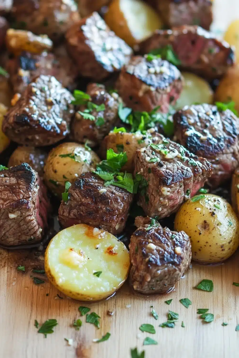 Skillet garlic steak bites and potatoes - the image shows a close-up of a dish of grilled steak and potatoes. the steak is cooked medium-rare and has a dark brown crust on the outside. the potatoes are golden brown and appear to be seasoned with herbs and spices. there are also some chopped parsley scattered on top of the potatoes, adding a pop of green color to the dish. the dish is served on a wooden cutting board.