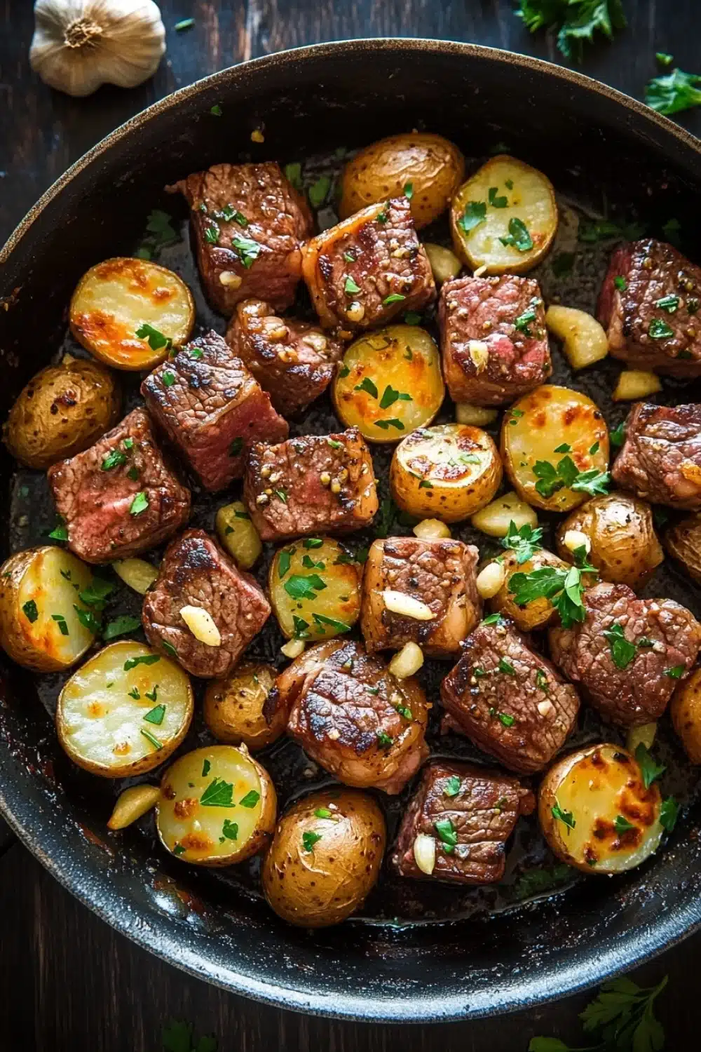 Skillet garlic steak bites and potatoes - the image shows a black cast iron skillet filled with cooked meat and potatoes. the meat appears to be beef tenderloin, with a dark brown color and a crispy texture. the potatoes are golden brown and appear to be seasoned with herbs and spices. there are also small pieces of garlic scattered throughout the dish. the skillet is sitting on a wooden table with a few sprigs of parsley scattered around it. a garlic bulb is visible in the top left corner of the image.
