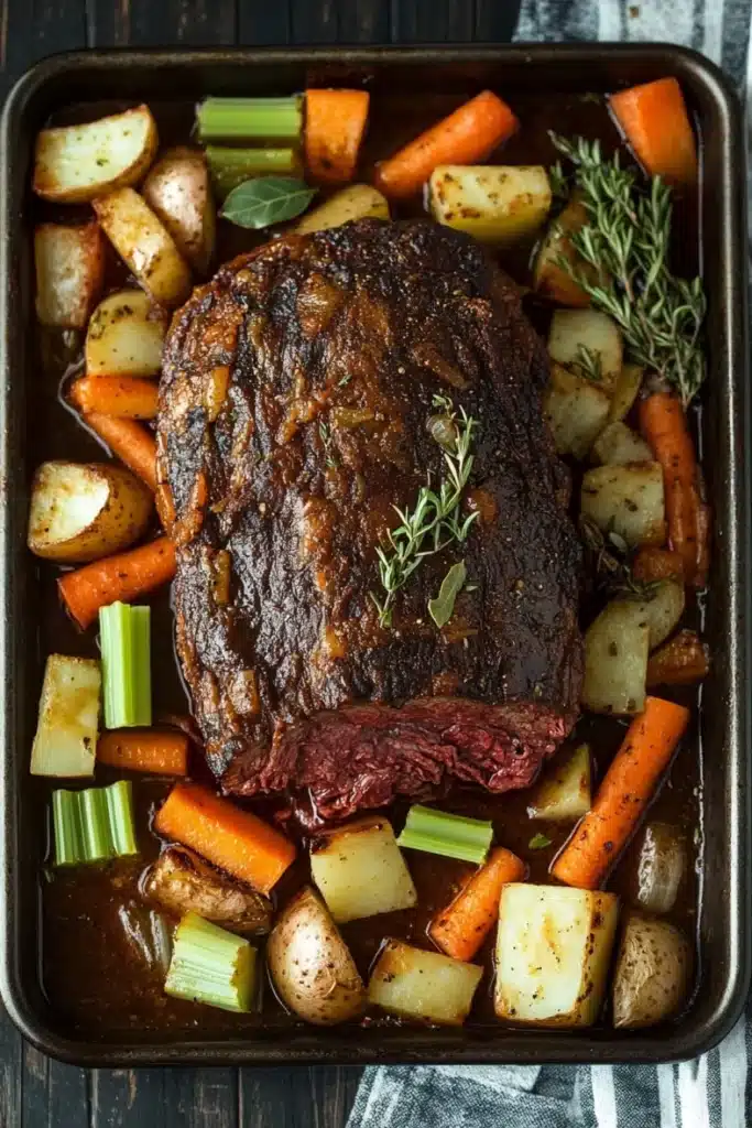Slow cooker beef chuck roast - the image shows a rectangular baking dish filled with a roast beef dish. the roast beef is cooked medium-rare and has a rich, dark brown color. it is garnished with fresh herbs, including rosemary sprigs and thyme. the dish is served on a bed of diced potatoes, carrots, celery, and other vegetables. the potatoes are golden brown and appear to be seasoned with herbs and spices. the carrots are bright orange and are cut into small cubes. the celery is a bright green color and is scattered throughout the dish. there is a blue and white striped napkin on the side of the dish, adding a pop of color to the image.
