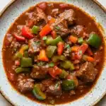 Slow cooker beef goulash - the image is a close-up of a dish in a bowl. the dish appears to be a stew or stew with chunks of beef and vegetables mixed in. the beef is cooked in a tomato-based sauce and is garnished with chopped red and green bell peppers. the vegetables are cut into small pieces and are scattered throughout the dish. the bowl is white with a speckled pattern around the edges. the background is a light-colored wooden table.