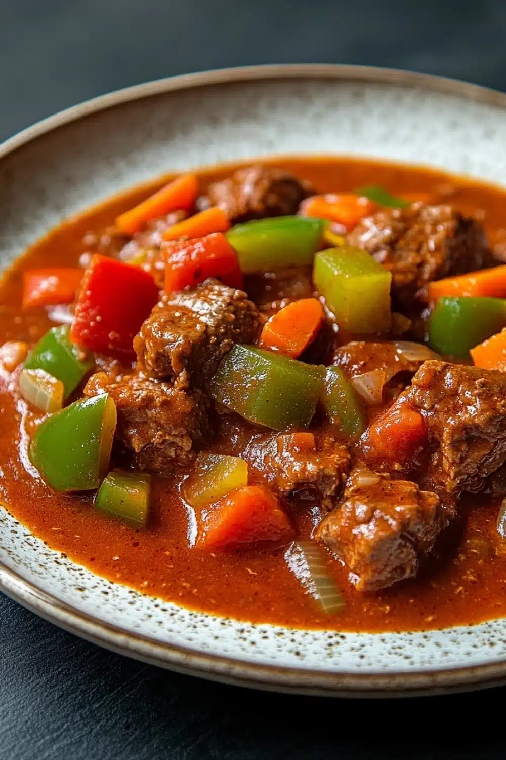 Slow cooker beef goulash - the image is a close-up of a bowl of beef stew. the stew is a rich orange color and appears to be made with chunks of beef, carrots, and bell peppers. the beef is cooked in a tomato-based sauce and is garnished with chopped onions. the vegetables are cut into small pieces and are mixed in with the beef. the bowl is white with a blue rim and is sitting on a dark blue tablecloth.