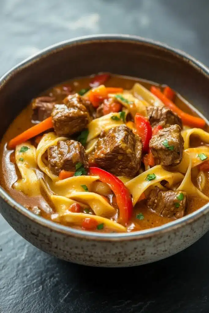 Slow cooker beef noodle curry - the image is a close-up of a bowl of beef noodle soup. the bowl is made of ceramic and has a speckled pattern on the sides. the soup is a rich orange color and appears to be thick and creamy. it is filled with chunks of beef, red bell peppers, and sliced carrots. the noodles are thin and yellow, and the sauce is thick and thick. there are also small pieces of green herbs scattered throughout the soup, adding a pop of color to the dish. the background is a dark grey countertop.