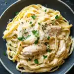 Slow cooker chicken alfredo - the image shows a plate of tagliatelle pasta with chicken and parmesan cheese. the pasta is cooked al dente and is covered in a creamy white sauce. the dish is garnished with fresh parsley leaves. the plate is black and is placed on a dark grey textured surface. the background is blurred, but it appears to be a kitchen countertop.