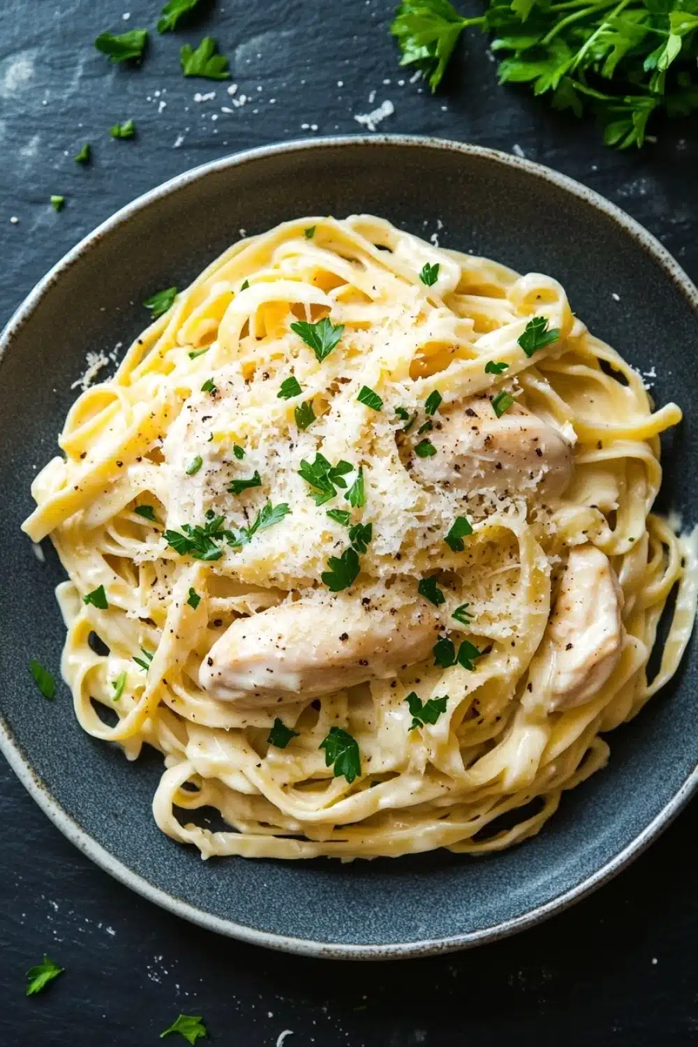 Slow cooker chicken alfredo - the image shows a plate of tagliatelle pasta with chicken and parmesan cheese. the pasta is cooked al dente and is covered in a creamy white sauce. the dish is garnished with fresh parsley leaves. the plate is black and is placed on a dark grey textured surface. the background is blurred, but it appears to be a kitchen countertop.