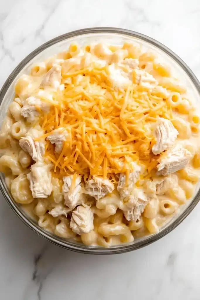 Slow cooker chicken mac and cheese - the image is a close-up of a bowl of macaroni and cheese. the bowl is made of glass and is sitting on a white marble countertop. the cheese is a bright yellow color and appears to be melted and bubbly. on top of the cheese, there are chunks of chicken that are scattered throughout the dish. the chicken is a light brown color and looks crispy on the outside. the dish looks creamy and ready to eat.