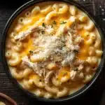 Slow cooker chicken mac and cheese - the image shows a bowl of macaroni and cheese on a wooden table. the bowl is black and has a handle on one side. the cheese is melted and bubbly, and it appears to be a creamy yellow color. on top of the cheese, there is a layer of shredded chicken and a sprinkle of grated cheese. there are also some sprigs of thyme scattered around the bowl. on the left side of the image, there are two small wooden plates with more cheese on them. the background is dark, and the overall color scheme is warm and inviting.