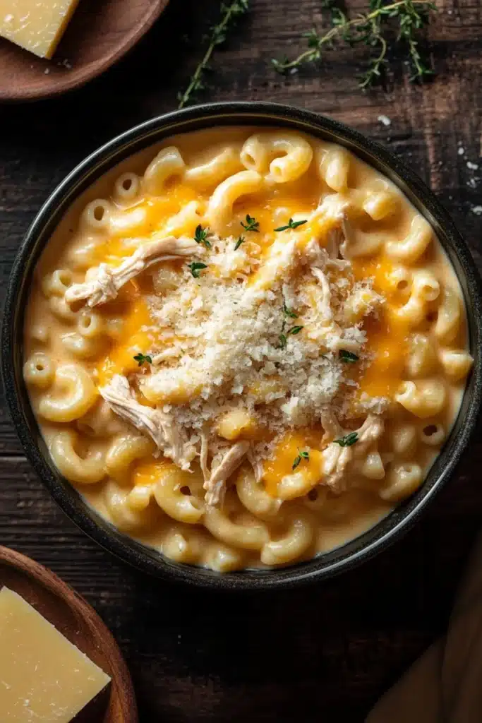 Slow cooker chicken mac and cheese - the image shows a bowl of macaroni and cheese on a wooden table. the bowl is black and has a handle on one side. the cheese is melted and bubbly, and it appears to be a creamy yellow color. on top of the cheese, there is a layer of shredded chicken and a sprinkle of grated cheese. there are also some sprigs of thyme scattered around the bowl. on the left side of the image, there are two small wooden plates with more cheese on them. the background is dark, and the overall color scheme is warm and inviting.