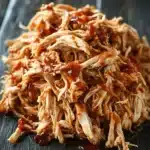 Slow cooker chicken pulled - the image shows a pile of shredded chicken on a black wooden surface. the chicken appears to be cooked and has a golden brown color. it is covered in a thick, dark sauce, which is dripping down the sides of the chicken. the sauce is thick and thick, and it looks like it would be a type of barbecue sauce. the background is blurred, but it seems to be a wooden table or countertop.