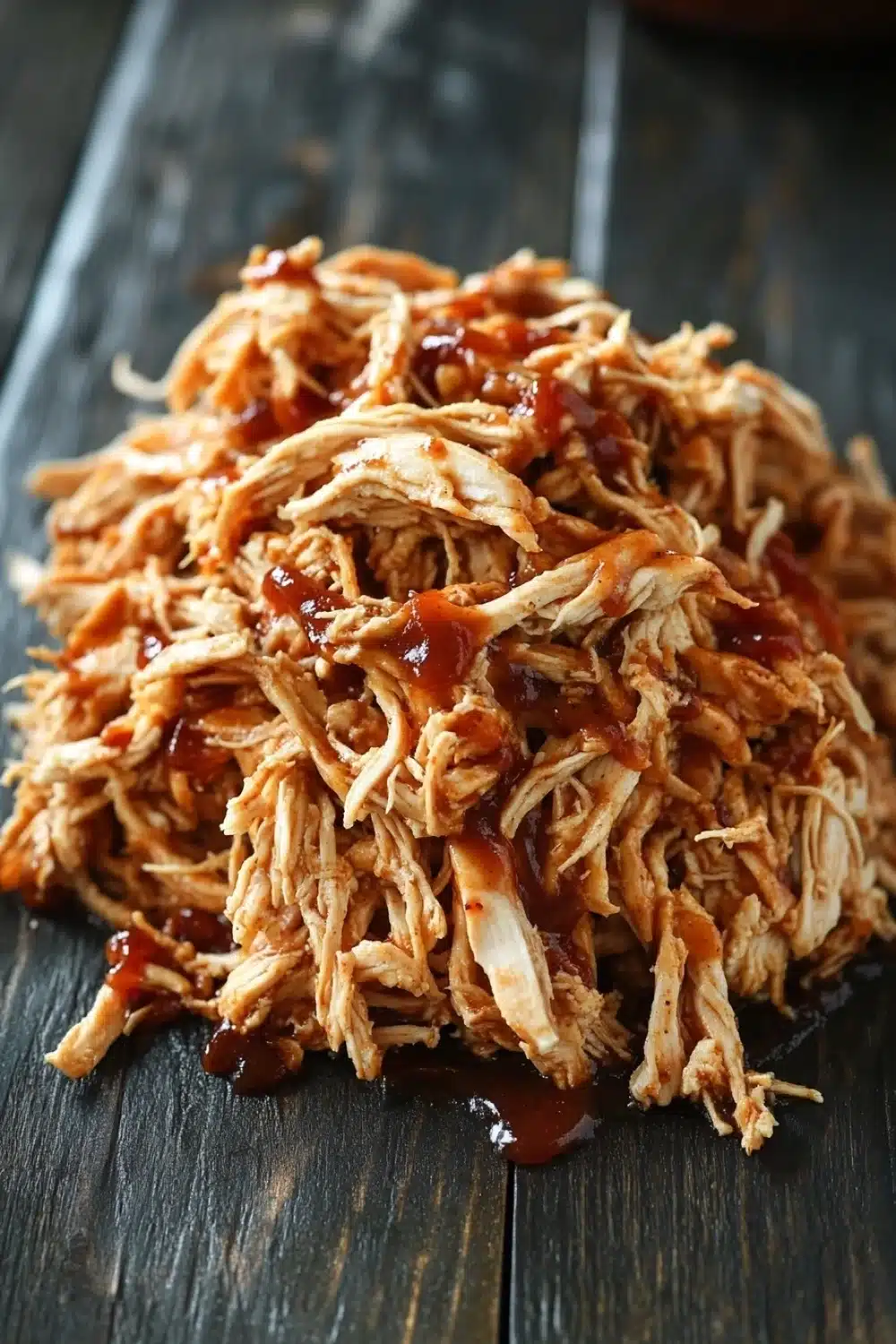 Slow cooker chicken pulled - the image shows a pile of shredded chicken on a black wooden surface. the chicken appears to be cooked and has a golden brown color. it is covered in a thick, dark sauce, which is dripping down the sides of the chicken. the sauce is thick and thick, and it looks like it would be a type of barbecue sauce. the background is blurred, but it seems to be a wooden table or countertop.