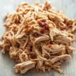 Slow cooker chicken pulled - the image shows a pile of shredded chicken on a wooden surface. the chicken appears to be cooked and has a golden brown color. it is piled high on top of each other and is covered in a thick layer of red sauce. the sauce is drizzled over the top of the chicken, giving it a glossy sheen. the wooden surface has a weathered and aged appearance, with visible grain and texture. the overall mood of the image is rustic and appetizing.