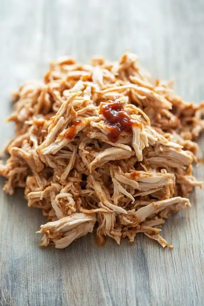 Slow cooker chicken pulled - the image shows a pile of shredded chicken on a wooden surface. the chicken appears to be cooked and has a golden brown color. it is piled high on top of each other and is covered in a thick layer of red sauce. the sauce is drizzled over the top of the chicken, giving it a glossy sheen. the wooden surface has a weathered and aged appearance, with visible grain and texture. the overall mood of the image is rustic and appetizing.