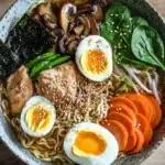 Slow cooker chicken ramen - the image is a close-up of a bowl of ramen. the bowl is made of ceramic and has a speckled pattern. the ramen is a light brown color and is filled with noodles, vegetables, and meat. there are two hard-boiled eggs on top of the noodles, which are cut in half and have sesame seeds sprinkled on them. the vegetables include sliced carrots, sliced mushrooms, and green bell peppers. there is also a sprinkle of sesame seed on top. the dish is garnished with a sprig of spinach. in the background, there is a small bowl of soy sauce. the overall color scheme of the dish is warm and inviting.