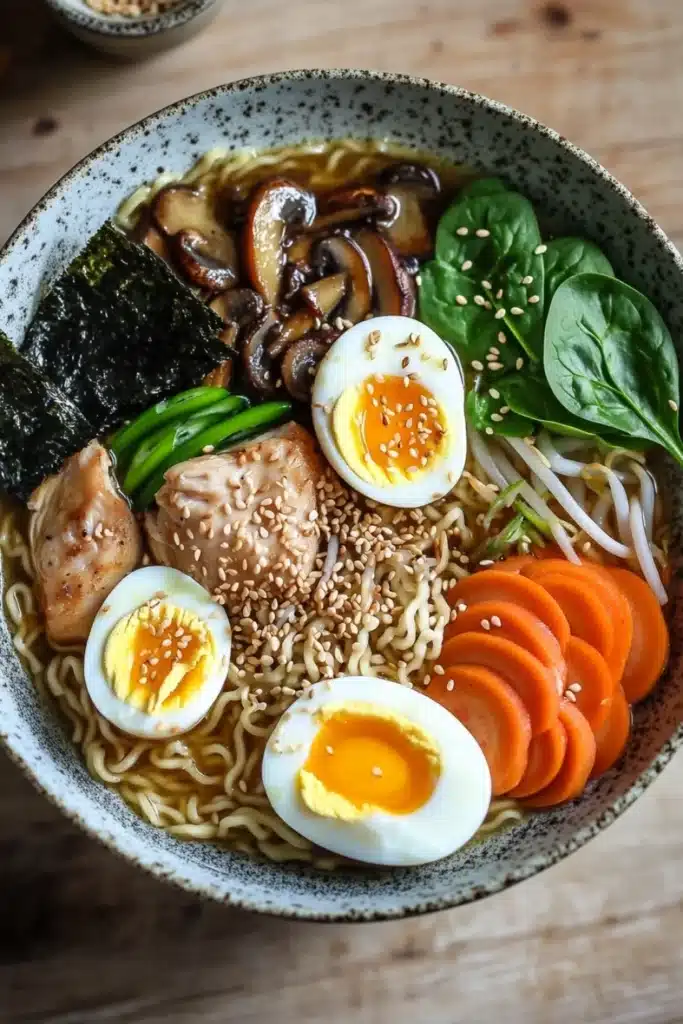 Slow cooker chicken ramen - the image is a close-up of a bowl of ramen. the bowl is made of ceramic and has a speckled pattern. the ramen is a light brown color and is filled with noodles, vegetables, and meat. there are two hard-boiled eggs on top of the noodles, which are cut in half and have sesame seeds sprinkled on them. the vegetables include sliced carrots, sliced mushrooms, and green bell peppers. there is also a sprinkle of sesame seed on top. the dish is garnished with a sprig of spinach. in the background, there is a small bowl of soy sauce. the overall color scheme of the dish is warm and inviting.