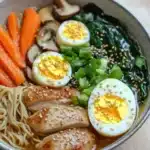 Slow cooker chicken ramen - the image is a close-up of a bowl of ramen. the bowl is made of ceramic and is sitting on a wooden table. the ramen is a light brown color and appears to be thick and fluffy. on top of the ramen, there are sliced carrots, sliced mushrooms, and sliced green onions. there are also two hard-boiled eggs with sesame seeds on top. the noodles are thin and fluffy, and the dish is garnished with sliced chicken. the overall appearance of the dish looks fresh and appetizing.