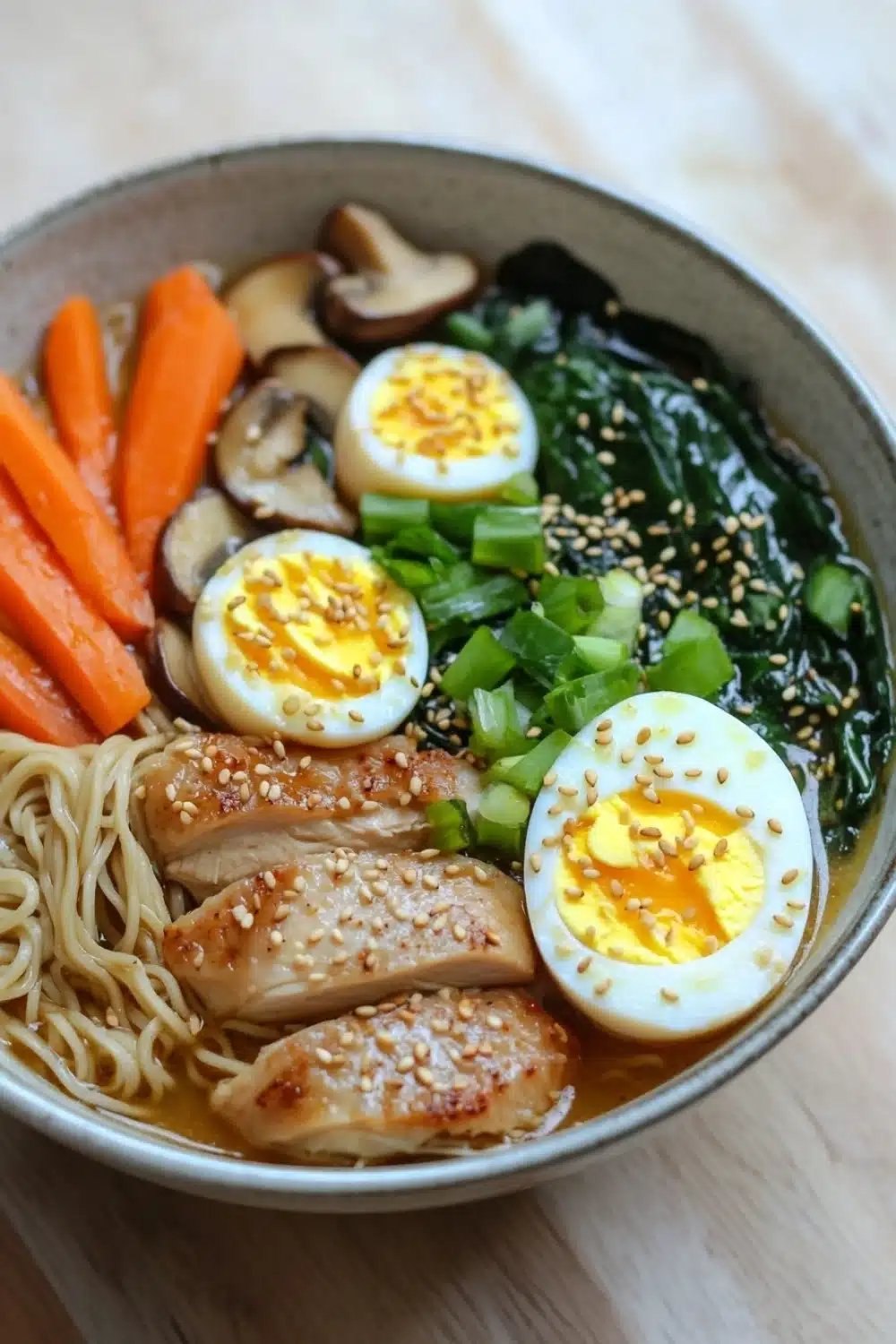 Slow cooker chicken ramen - the image is a close-up of a bowl of ramen. the bowl is made of ceramic and is sitting on a wooden table. the ramen is a light brown color and appears to be thick and fluffy. on top of the ramen, there are sliced carrots, sliced mushrooms, and sliced green onions. there are also two hard-boiled eggs with sesame seeds on top. the noodles are thin and fluffy, and the dish is garnished with sliced chicken. the overall appearance of the dish looks fresh and appetizing.