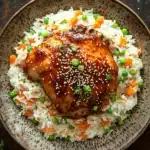 Slow cooker chili crisp chicken and rice - the image shows a plate of food with a piece of chicken on top of a bed of white rice. the chicken is covered in sesame seeds and is garnished with chopped green onions. the rice is fluffy and white, and there are small pieces of orange and green peas scattered throughout. the plate is brown and has a speckled texture. there are also a few sprigs of cilantro scattered around the plate. the background is a dark wooden table.
