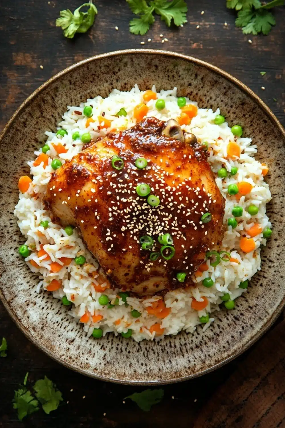 Slow cooker chili crisp chicken and rice - the image shows a plate of food with a piece of chicken on top of a bed of white rice. the chicken is covered in sesame seeds and is garnished with chopped green onions. the rice is fluffy and white, and there are small pieces of orange and green peas scattered throughout. the plate is brown and has a speckled texture. there are also a few sprigs of cilantro scattered around the plate. the background is a dark wooden table.