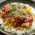 Slow cooker chili crisp chicken and rice - the image shows a plate of food with a serving of chicken and rice. the chicken is covered in a red sauce with sesame seeds sprinkled on top. the rice is white and fluffy, and there are small pieces of yellow bell peppers scattered around the plate. the dish is garnished with chopped green onions. the plate is a dark brown color and is sitting on a gray countertop.