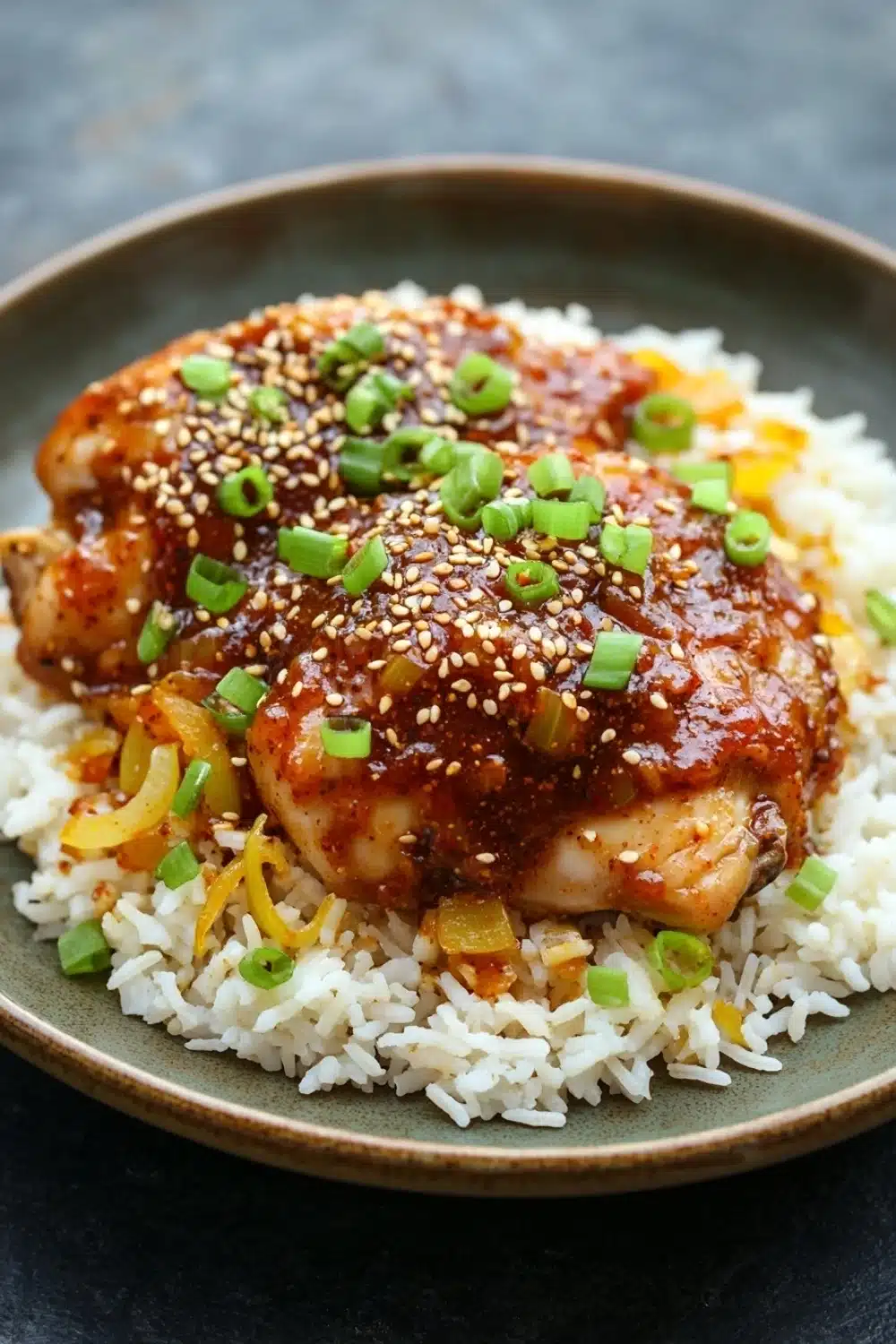 Slow cooker chili crisp chicken and rice - the image shows a plate of food with a serving of chicken and rice. the chicken is covered in a red sauce with sesame seeds sprinkled on top. the rice is white and fluffy, and there are small pieces of yellow bell peppers scattered around the plate. the dish is garnished with chopped green onions. the plate is a dark brown color and is sitting on a gray countertop.