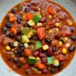 Slow cooker chili vegan - the image is a close-up of a bowl of chili. the bowl is made of ceramic and has a light blue rim. the chili is a rich orange color and appears to be thick and thick. it is filled with various types of beans, corn, and vegetables, including red kidney beans, yellow corn kernels, and green zucchini. the vegetables are cut into small cubes and are arranged in a colorful and appetizing manner. the dish looks freshly cooked and ready to eat.