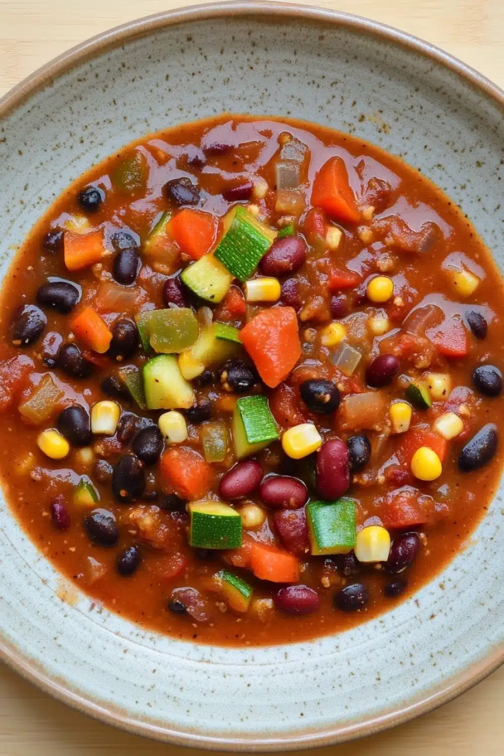 Slow cooker chili vegan - the image is a close-up of a bowl of chili. the bowl is made of ceramic and has a light blue rim. the chili is a rich orange color and appears to be thick and thick. it is filled with various types of beans, corn, and vegetables, including red kidney beans, yellow corn kernels, and green zucchini. the vegetables are cut into small cubes and are arranged in a colorful and appetizing manner. the dish looks freshly cooked and ready to eat.