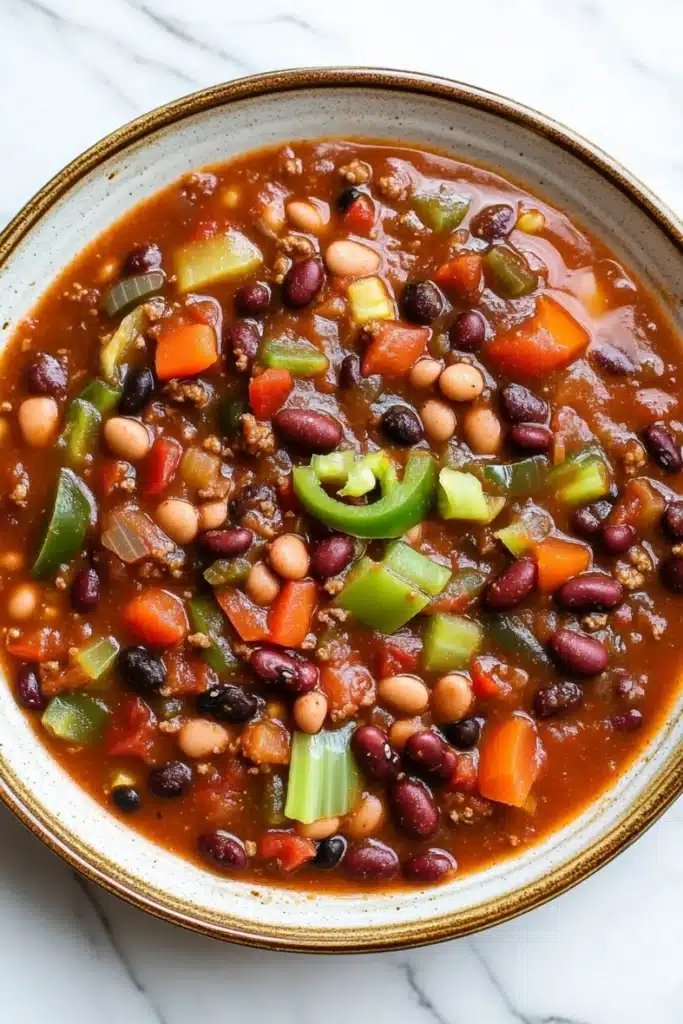 Slow cooker chili vegan - the image is a close-up of a bowl of chili. the chili is a rich orange color and appears to be made with beans, carrots, and other vegetables. the beans are black and white, and the carrots are bright orange. there are also some green bell peppers scattered throughout the chili, adding a pop of color to the dish. the bowl is sitting on a white marble countertop.