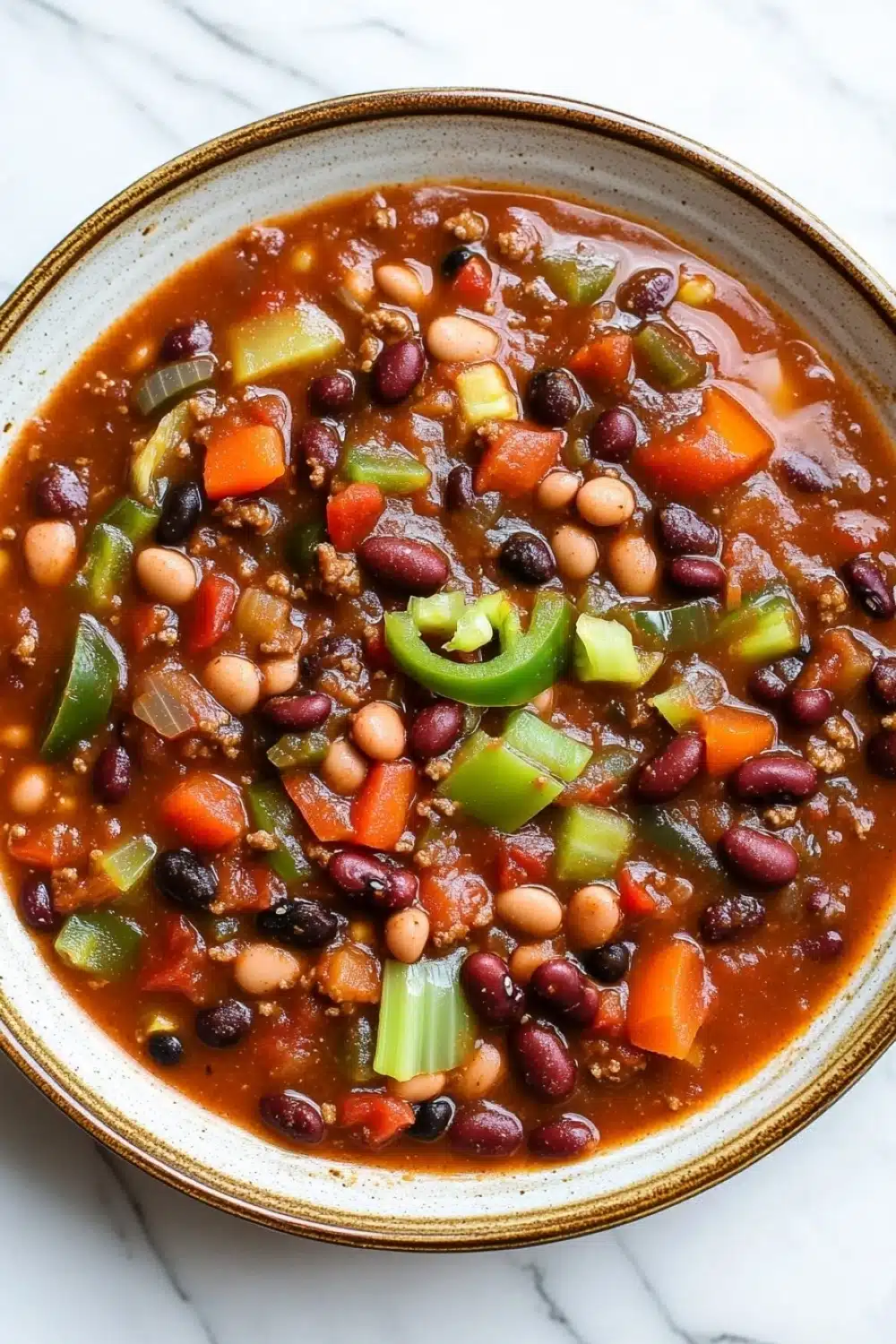 Slow cooker chili vegan - the image is a close-up of a bowl of chili. the chili is a rich orange color and appears to be made with beans, carrots, and other vegetables. the beans are black and white, and the carrots are bright orange. there are also some green bell peppers scattered throughout the chili, adding a pop of color to the dish. the bowl is sitting on a white marble countertop.