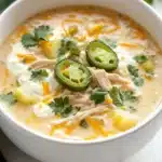 Slow cooker jalapeno popper chicken soup - the image is a close-up of a bowl of soup. the soup appears to be a creamy orange color with chunks of chicken, cheese, and jalapenos scattered throughout. the bowl is white and is sitting on a white marble countertop with a green and white striped napkin next to it. there are also some cilantro leaves scattered around the bowl. the background is blurred, but it seems like the bowl is placed on a kitchen countertop.