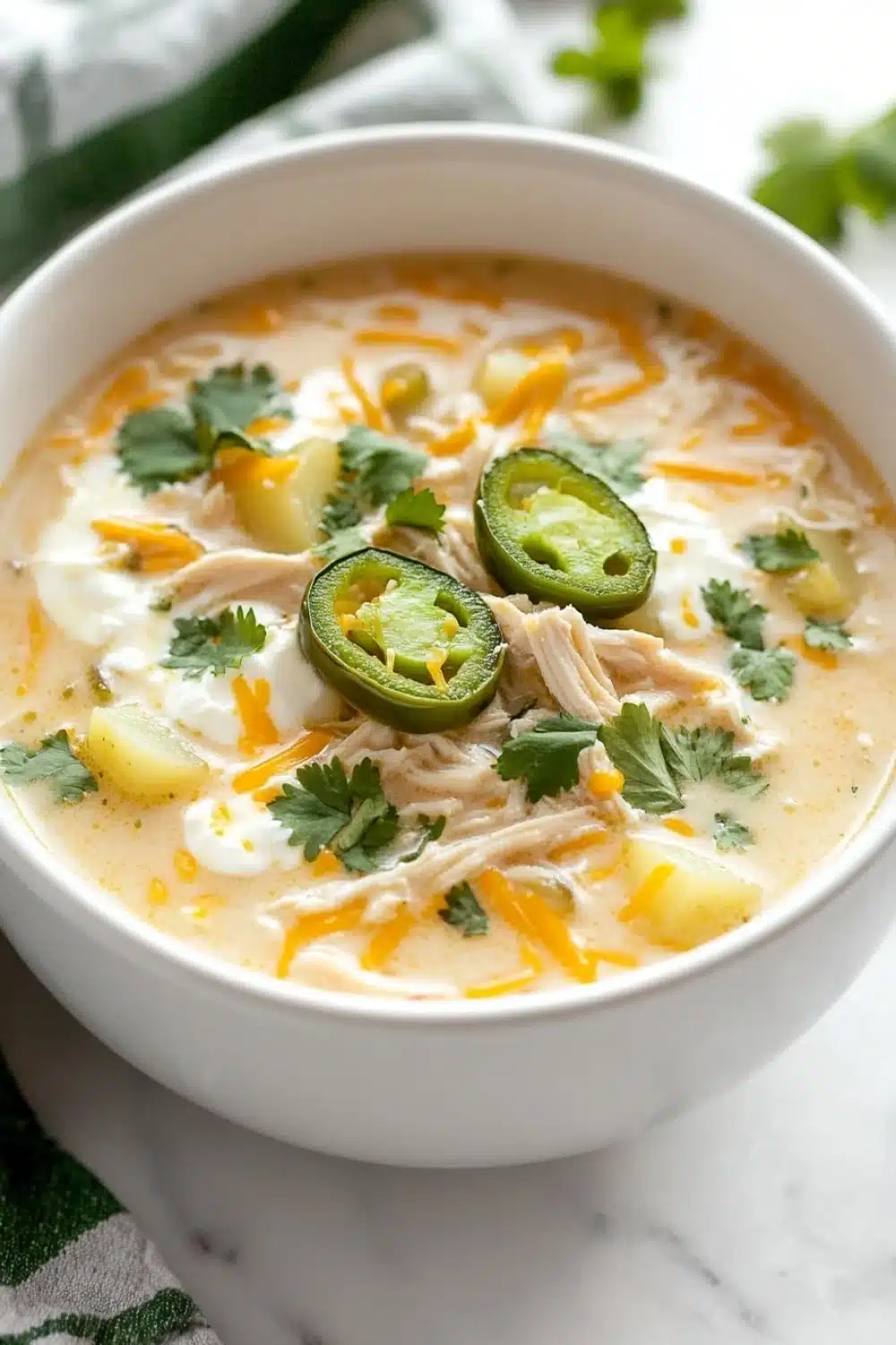 Slow cooker jalapeno popper chicken soup - the image is a close-up of a bowl of soup. the soup appears to be a creamy orange color with chunks of chicken, cheese, and jalapenos scattered throughout. the bowl is white and is sitting on a white marble countertop with a green and white striped napkin next to it. there are also some cilantro leaves scattered around the bowl. the background is blurred, but it seems like the bowl is placed on a kitchen countertop.