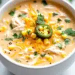 Slow cooker jalapeno popper chicken soup - the image is a close-up of a bowl of soup. the soup appears to be a creamy orange color with chunks of chicken, corn, and jalapeno peppers scattered throughout. the bowl is white and is sitting on a white marble countertop. there are a few sprigs of cilantro scattered around the bowl, adding a pop of green color to the dish. the background is blurred, making the bowl the focal point of the image.