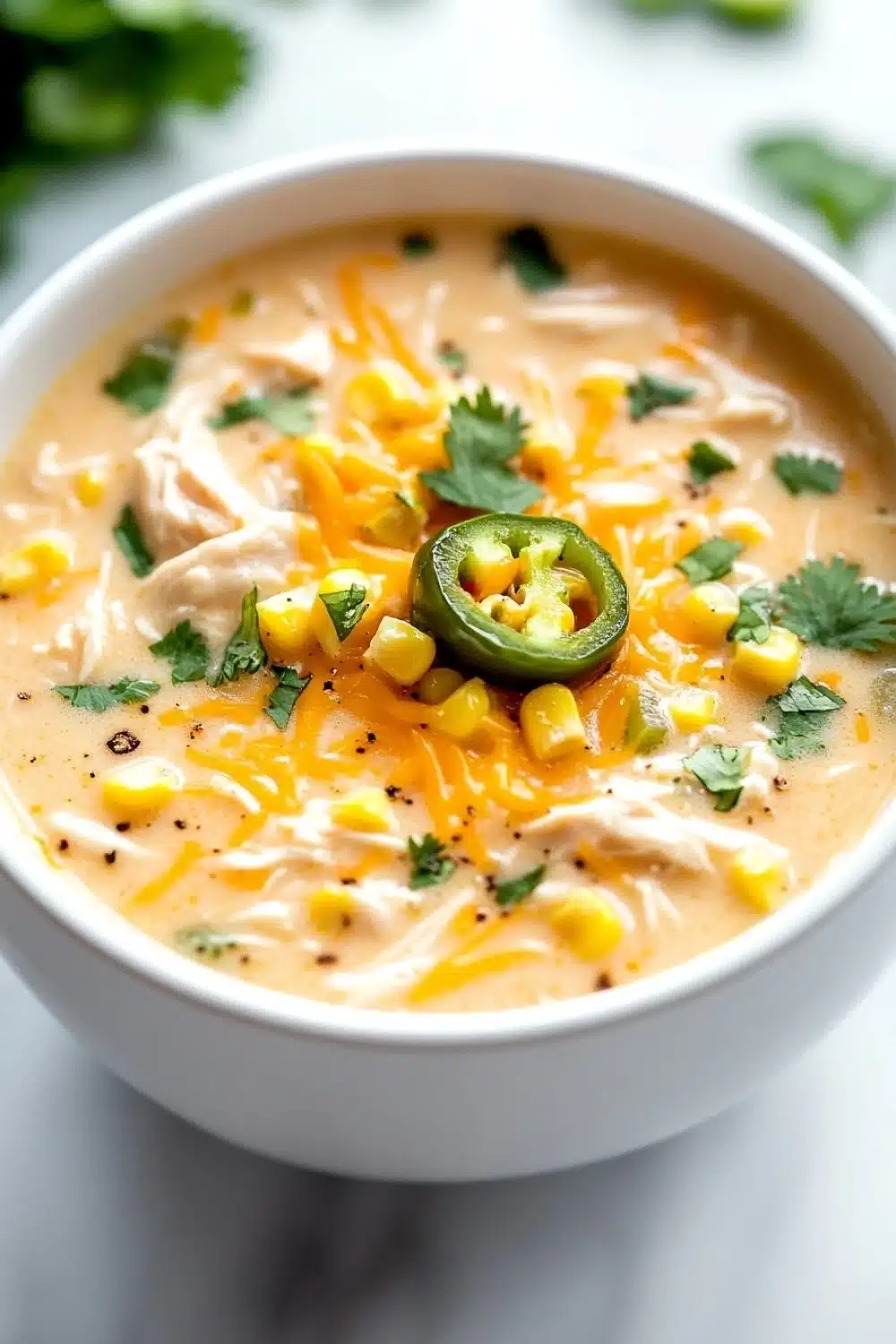 Slow cooker jalapeno popper chicken soup - the image is a close-up of a bowl of soup. the soup appears to be a creamy orange color with chunks of chicken, corn, and jalapeno peppers scattered throughout. the bowl is white and is sitting on a white marble countertop. there are a few sprigs of cilantro scattered around the bowl, adding a pop of green color to the dish. the background is blurred, making the bowl the focal point of the image.