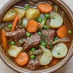 Slow cooker old fashion beef stew - the image is a close-up of a bowl of beef stew. the stew is made with chunks of beef, carrots, potatoes, and peas. the beef is cooked medium-rare and appears to be seasoned with herbs and spices. the potatoes are cut into small cubes and are arranged in a circular pattern around the beef. the carrots are bright orange and the peas are green. the broth is a rich brown color and looks thick and creamy. the bowl is made of ceramic and is sitting on a wooden table.
