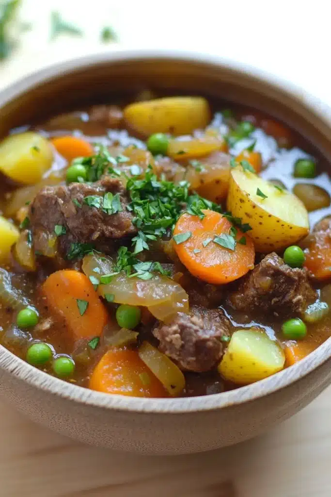 Slow cooker old fashion beef stew - the image is a close-up of a bowl of beef stew. the stew is made with chunks of beef, carrots, potatoes, and peas. the beef is cooked in a rich, dark brown broth and is garnished with chopped parsley. the potatoes are yellow and appear to be seasoned with herbs and spices. the carrots are bright orange and the peas are green. the bowl is made of ceramic and is sitting on a wooden table. the background is blurred, but it appears to be a kitchen countertop.