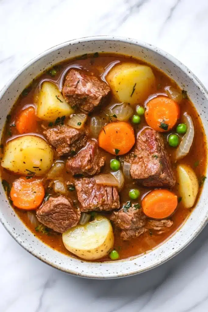 Slow cooker poor mans beef stew - the image is a close-up of a bowl of beef stew. the stew is made with chunks of beef, potatoes, carrots, peas, and onions. the beef is cooked medium-rare and appears to be seasoned with herbs and spices. the potatoes are yellow and the carrots are bright orange. the peas are green and appear to be peas. the broth is a rich orange color and is thick and thick. the bowl is white with a speckled rim. the background is a white marble countertop.
