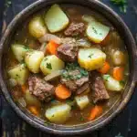 Slow cooker poor mans beef stew - the image is a close-up of a bowl of beef stew. the stew is made with chunks of beef, potatoes, carrots, onions, and herbs. the bowl is made of dark brown ceramic and is placed on a wooden table. there are a few sprigs of parsley scattered around the bowl, adding a pop of green color to the dish. the background is blurred, but it appears to be a rustic kitchen countertop.