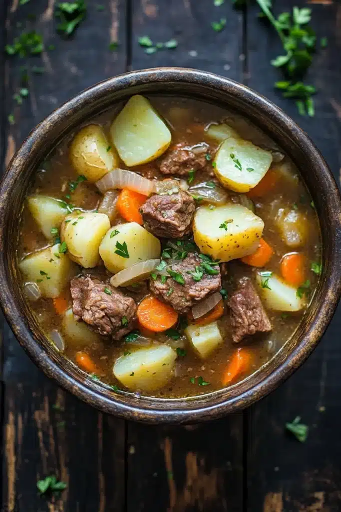 Slow cooker poor mans beef stew - the image is a close-up of a bowl of beef stew. the stew is made with chunks of beef, potatoes, carrots, onions, and herbs. the bowl is made of dark brown ceramic and is placed on a wooden table. there are a few sprigs of parsley scattered around the bowl, adding a pop of green color to the dish. the background is blurred, but it appears to be a rustic kitchen countertop.