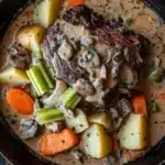 Slow cooker pot roast with cream of mushroom soup - the image is a close-up of a dish in a brown ceramic bowl. the dish appears to be a beef stew with chunks of beef, mushrooms, carrots, celery, and potatoes. the beef is cooked medium-rare and is covered in a creamy, light-colored sauce. the vegetables are arranged in a circular pattern around the beef, with some of them overlapping each other. the sauce is a light beige color and has a smooth texture. the bowl is sitting on a wooden table.
