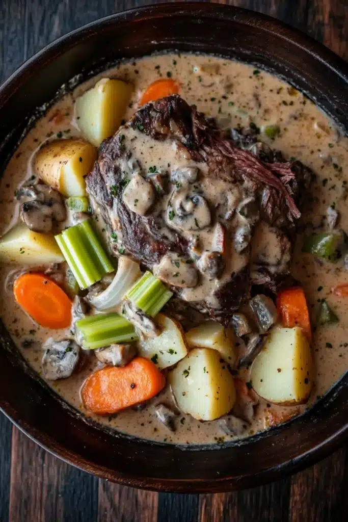 Slow cooker pot roast with cream of mushroom soup - the image is a close-up of a dish in a brown ceramic bowl. the dish appears to be a beef stew with chunks of beef, mushrooms, carrots, celery, and potatoes. the beef is cooked medium-rare and is covered in a creamy, light-colored sauce. the vegetables are arranged in a circular pattern around the beef, with some of them overlapping each other. the sauce is a light beige color and has a smooth texture. the bowl is sitting on a wooden table.