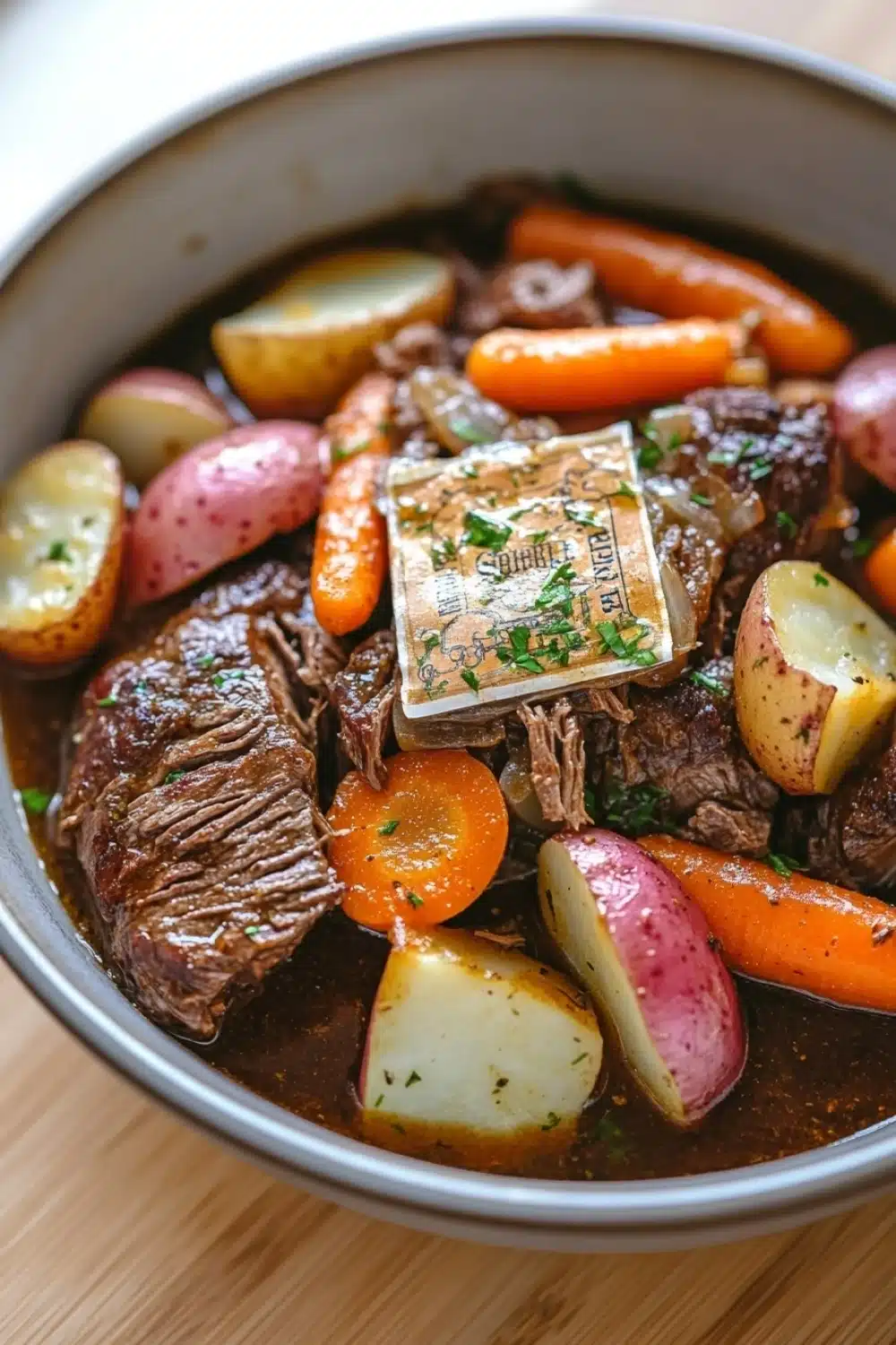 Slow cooker pot roast with ranch packet - the image is a close-up of a pot of beef stew. the pot is made of stainless steel and is sitting on a wooden table. the stew is made up of chunks of beef, carrots, potatoes, and onions. the beef is cooked medium-rare and appears to be seasoned with herbs and spices. there is a small piece of bread on top of the stew, which is covered in a dark brown sauce. the vegetables are arranged in a circular pattern around the beef. the overall appearance of the dish is hearty and flavorful.