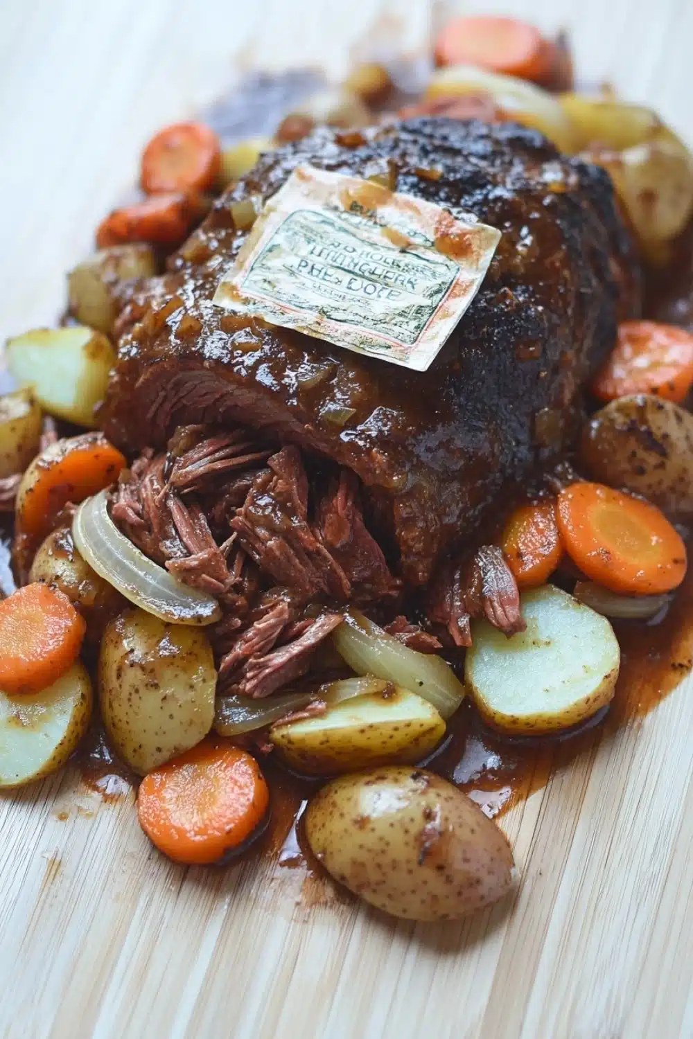 Slow cooker pot roast with ranch packet - the image shows a large piece of roast beef on a wooden cutting board. the roast beef is cooked medium-rare and has a rich, dark brown color. it is garnished with sliced carrots, onions, and potatoes. the potatoes are cut into small cubes and are arranged around the roast beef. there is a label on top of the roast that reads "roast beef". the dish appears to be freshly cooked and ready to eat.
