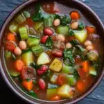 Slow cooker soup vegetarian - the image is a close-up of a bowl of soup. the soup appears to be a vegetable soup with chunks of white beans, carrots, celery, and other vegetables mixed in. the bowl is made of ceramic and is sitting on a dark grey textured surface. the vegetables are bright orange and appear to be fresh and vibrant. there are also some green leaves scattered throughout the soup, adding a pop of color to the dish.